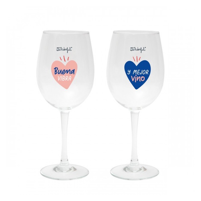 SET DOS COPAS DE VINO - BUENA VIBRA Y MEJOR VINO