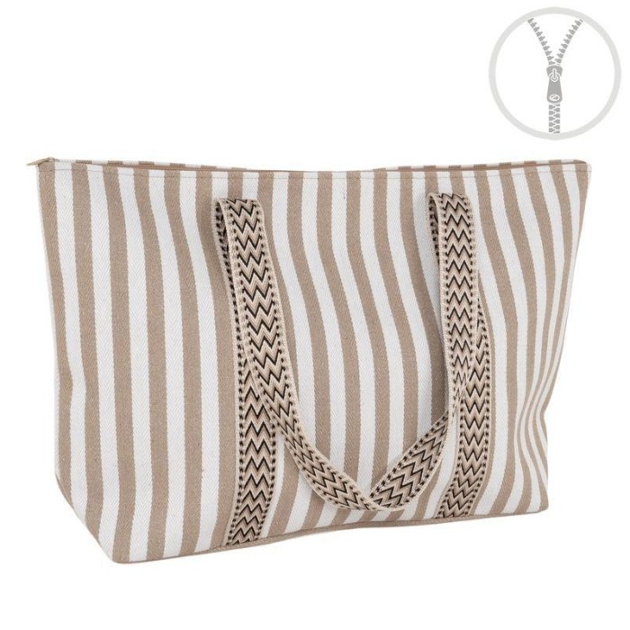 BOLSO RAYAS CON CREMALLERA DETALLE CINTA BEIGE