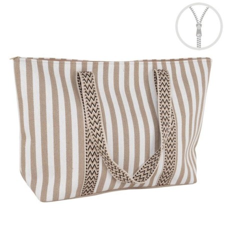 BOLSO RAYAS CON CREMALLERA DETALLE CINTA BEIGE