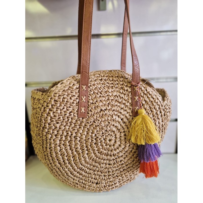 BOLSO REDONDO RAFIA POMPON