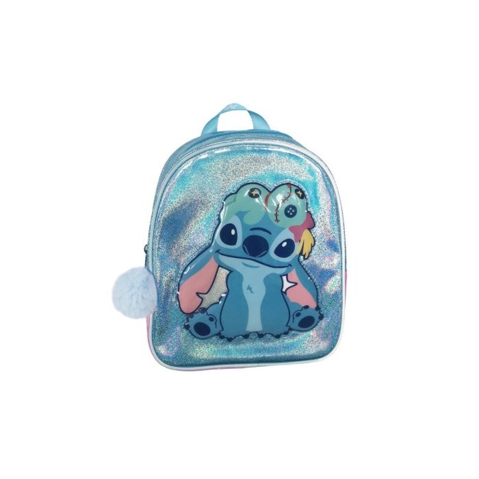 MOCHILA STITCH IRIDISCENTE CON POMPÓN