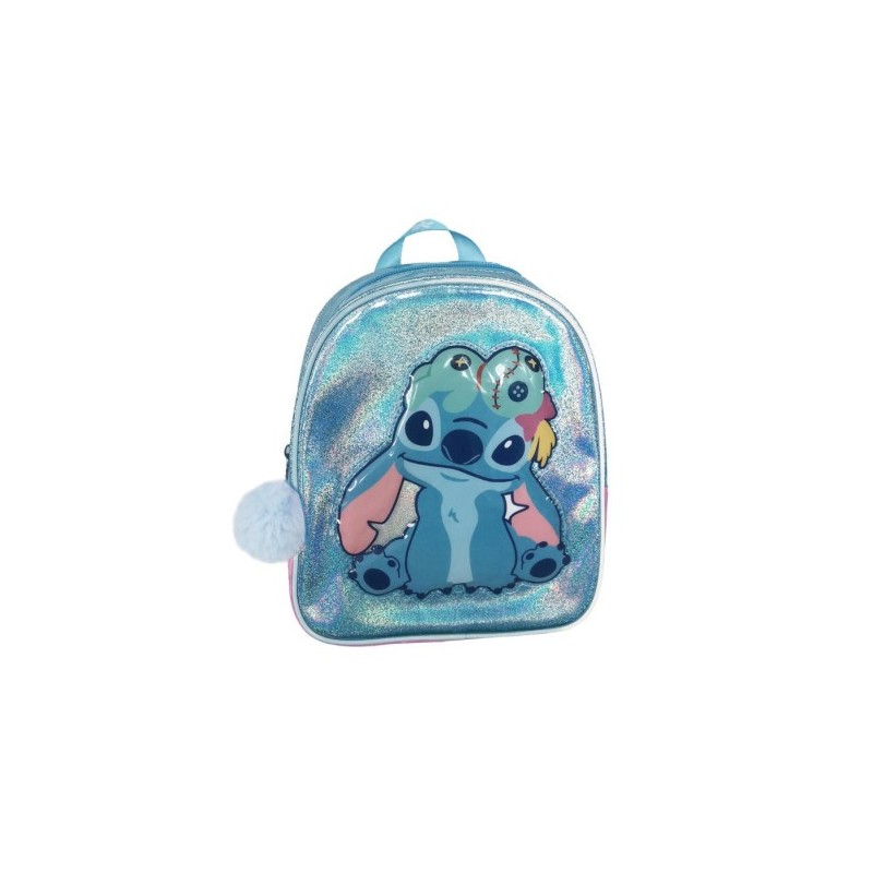 MOCHILA STITCH IRIDISCENTE CON POMPÓN
