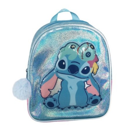 MOCHILA STITCH IRIDISCENTE CON POMPÓN