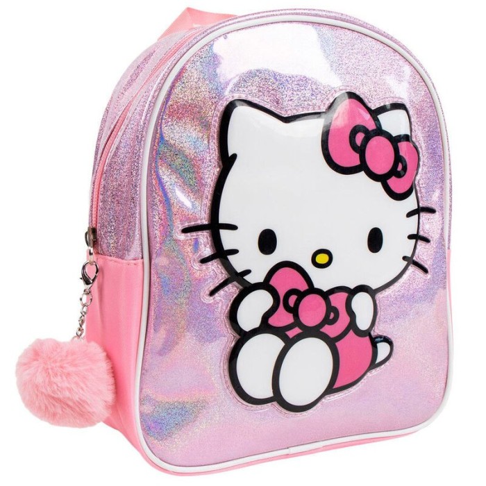 MOCHILA HELLO KITTY IRIDISCENTE CON POMPÓN