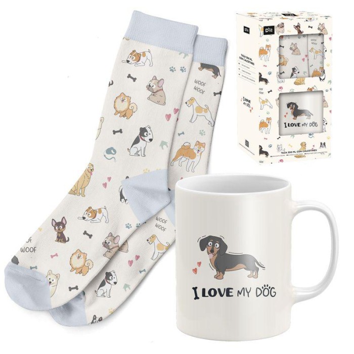 SET REGALO TAZA CON CALCETINES T 38-42 PERROS