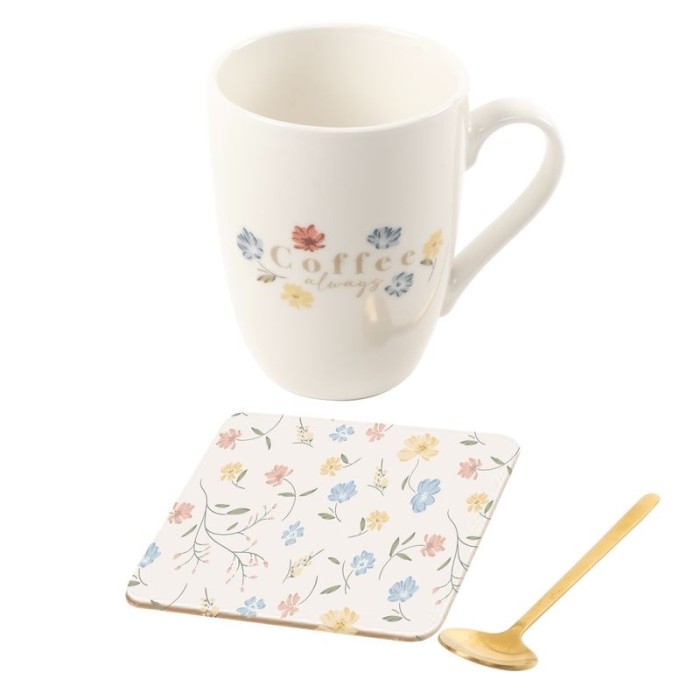 JUEGO MUG CON CUCHARA Y POSAVASOS FLORES